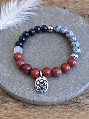 Red Jasper, Black Onyx & Dalmatian Jasper Beads Stretch Bracelet | Handmade